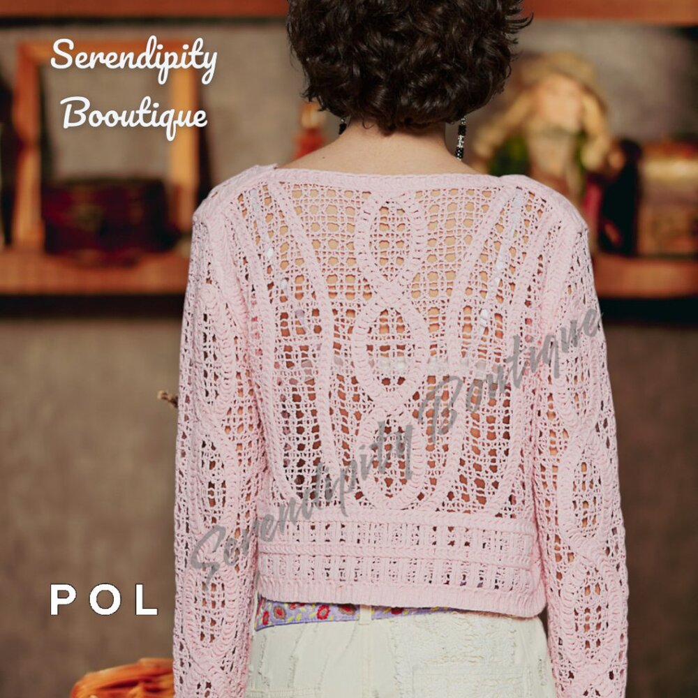 POL Petal Pink Crochet Semi Sheer Long Sleeve Crochet Soft Cotton Sweater Top - Picture 2 of 11